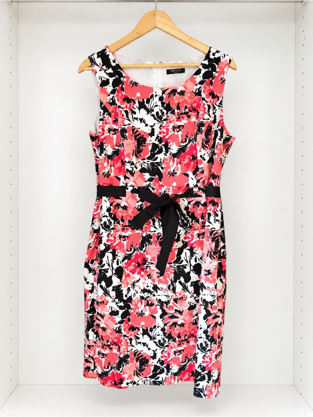 Précis Sleeveless Pink Floral Midi Dress with Black Waist Tie